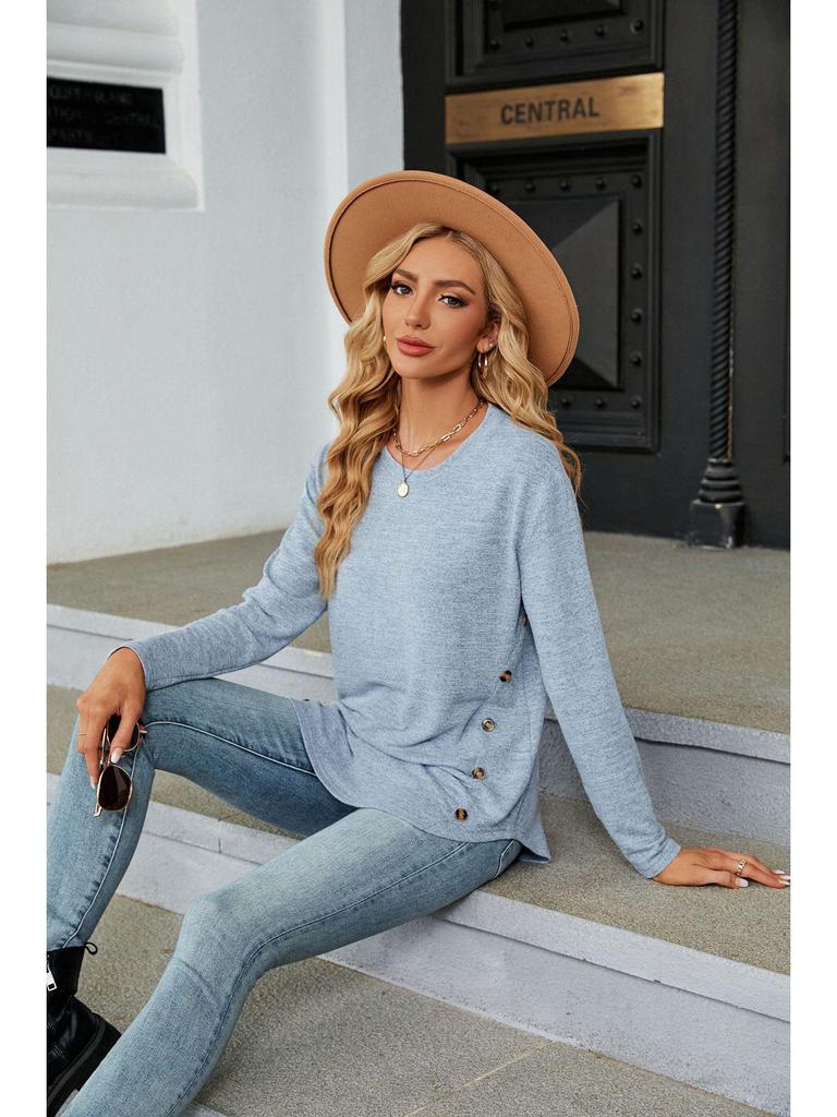 T-shirt da Donna Autunno/Inverno 2023 Girocollo Manica Lunga Ampia con Bottoni