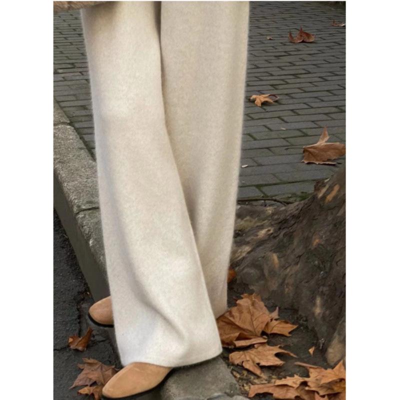 Women's Wool Wide-Leg Cashmere Pants - Soft Drapey Straight-Leg for Autumn and Winter
