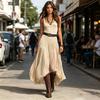 Women's Sleeveless Tank Dress Mesh Patchwork Ruched A-line Long Dress Summer Flowy Beach