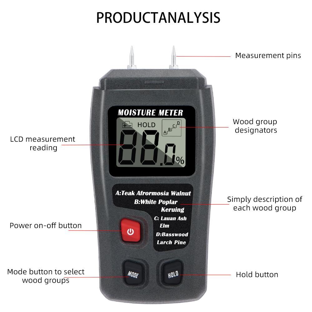 Portable Wood Moisture Meter 0-99.9% Humidity Content Tester Two Pins Digital Hygrometer Moisture Analyzer for Wood Timber Damp