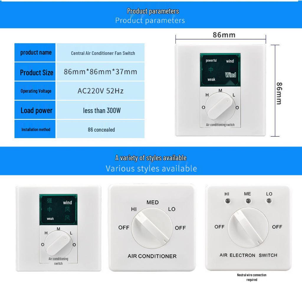 BC103 Thermostat: 86 Type Fan Coil Unit with 3-Speed Air Conditioner Control
