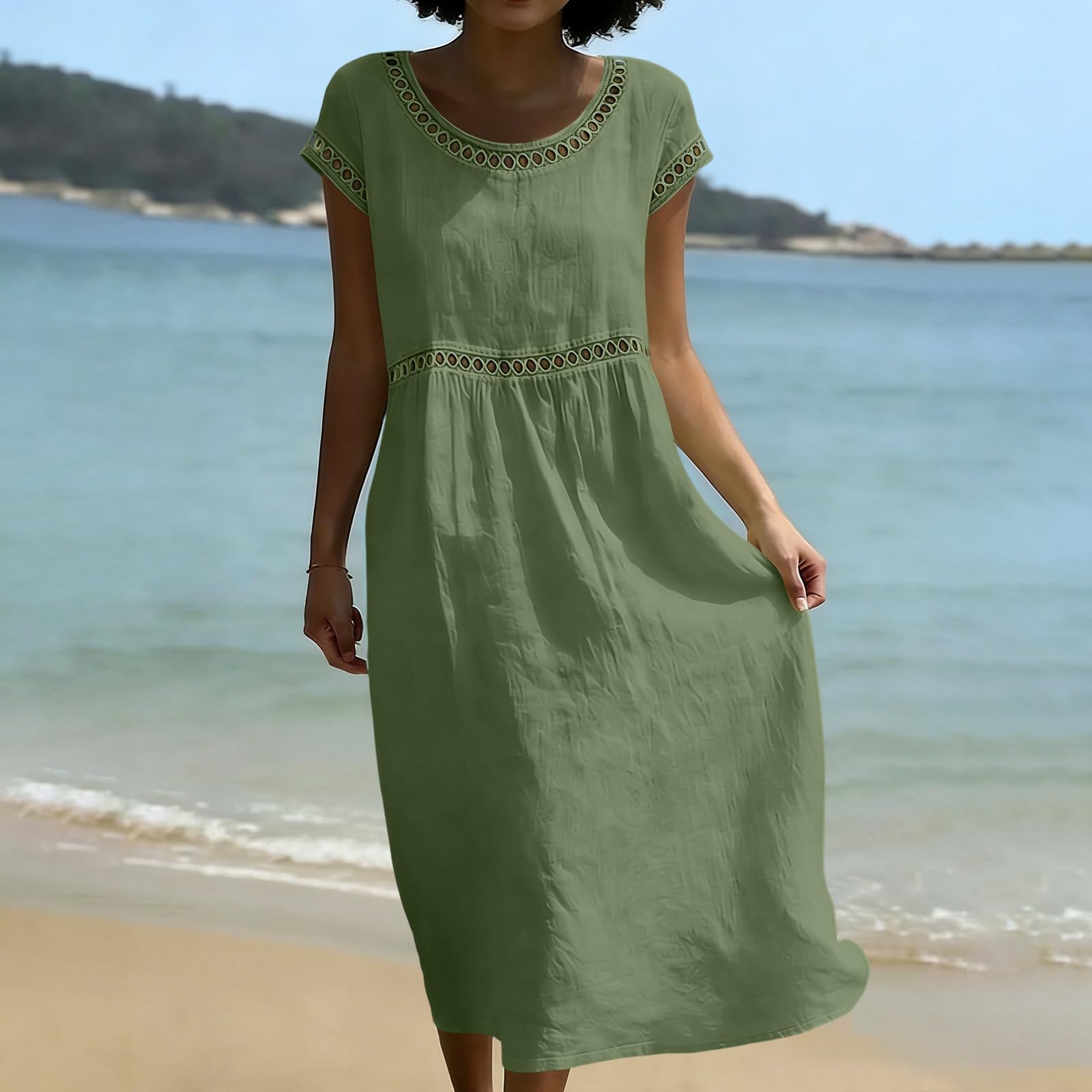 Damen Lässiges Midi-Kleid mit Stickerei Rundhalsausschnitt Baumwolle Leinen Kurzarm Lockerer Schnitt Sommerstil Bequem XL grün