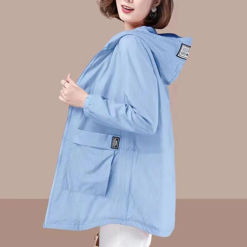 Spring Summer Women's Sunscreen Clothing Solid Colour Plus Size Thin Section Hooded UV Protection Jacket