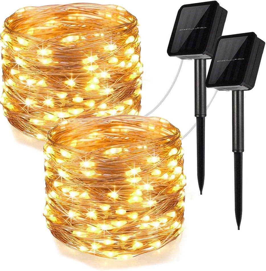 Solar String Lights: 39.4ft 100LED Copper Wire Lights 2 Pack - 8 Modes Waterproof Fairy Lights for Patio Garden Wedding Party Decoration Warm White