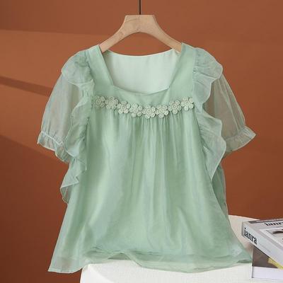 Blusa Elegante e alla Moda in Chiffon a Manica Corta con Orlo in Pizzo e Scollo Quadrato per Top Estivo da Donna