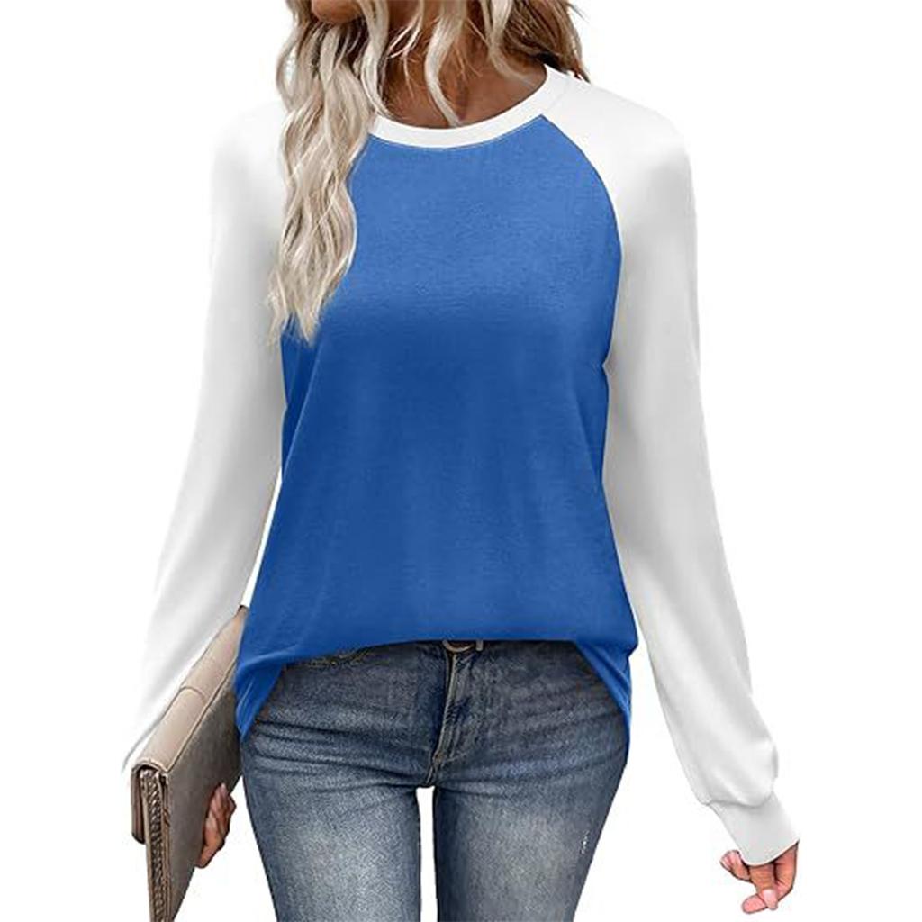 Women's Casual Color-Block Raglan Long Sleeve Top with Round Neck