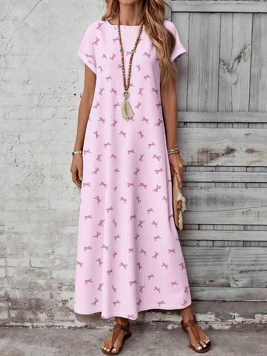 Casual printed maxi dress, round neck short sleeves, functional pockets, boho loose fit S