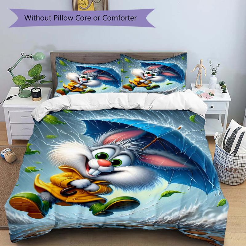 3pcs Anime Bunny Comforter Set with Two Pillowcases (No Core) - Home Decor, Festival Gift, Polyester Fabric, Cartoon Design for Bedroom and Guest