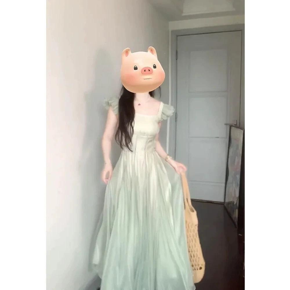 French Sweet Small Fresh Dress Women's Summer Small Waist Thin Mint Green Girl Skirt Super Beautiful
