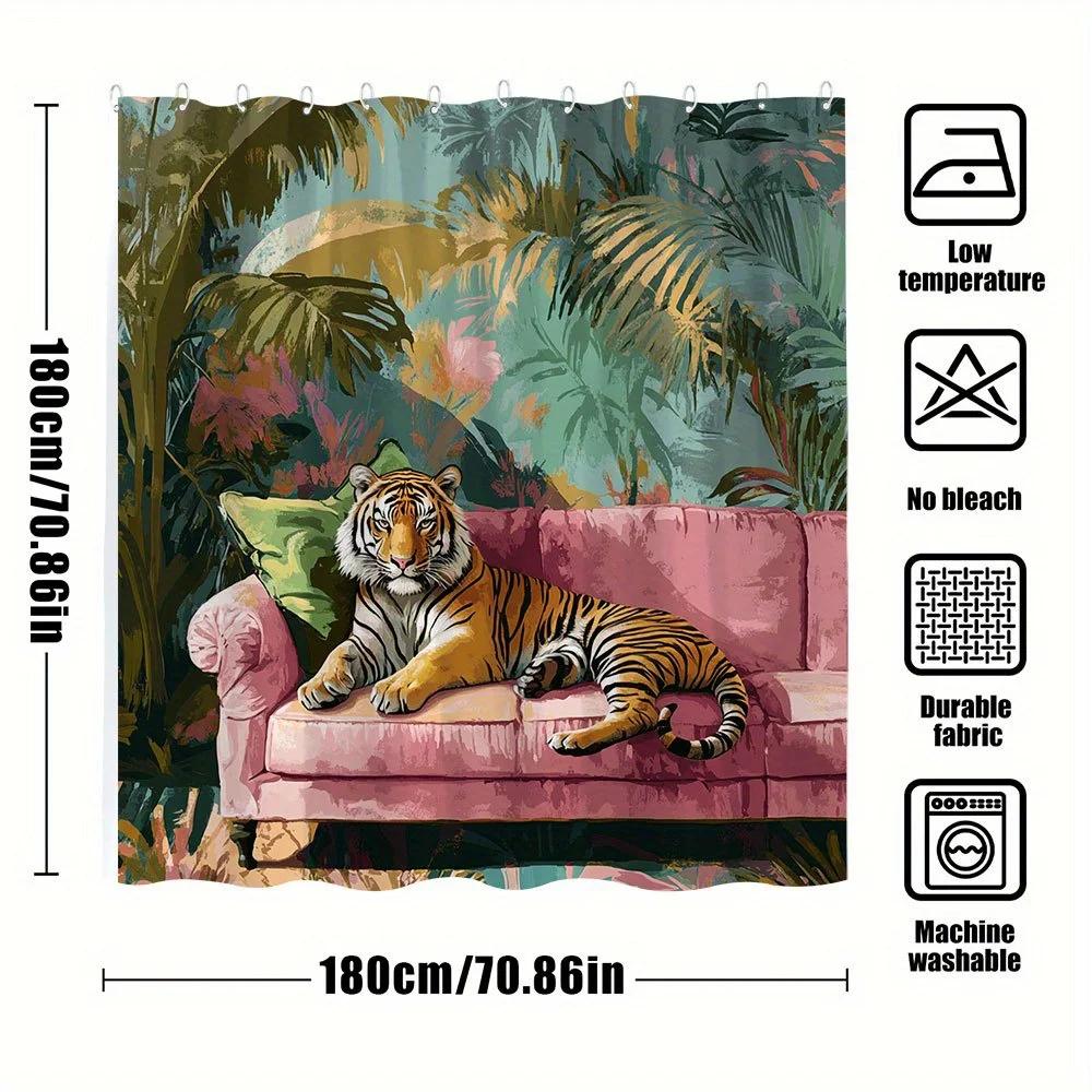 1pz Tenda da Doccia Tigre del Bengala - Vivace Design Giungla Tropicale con Divano Rosa, Foglie e Fiori Tropicali, Stile Semi-Realistico