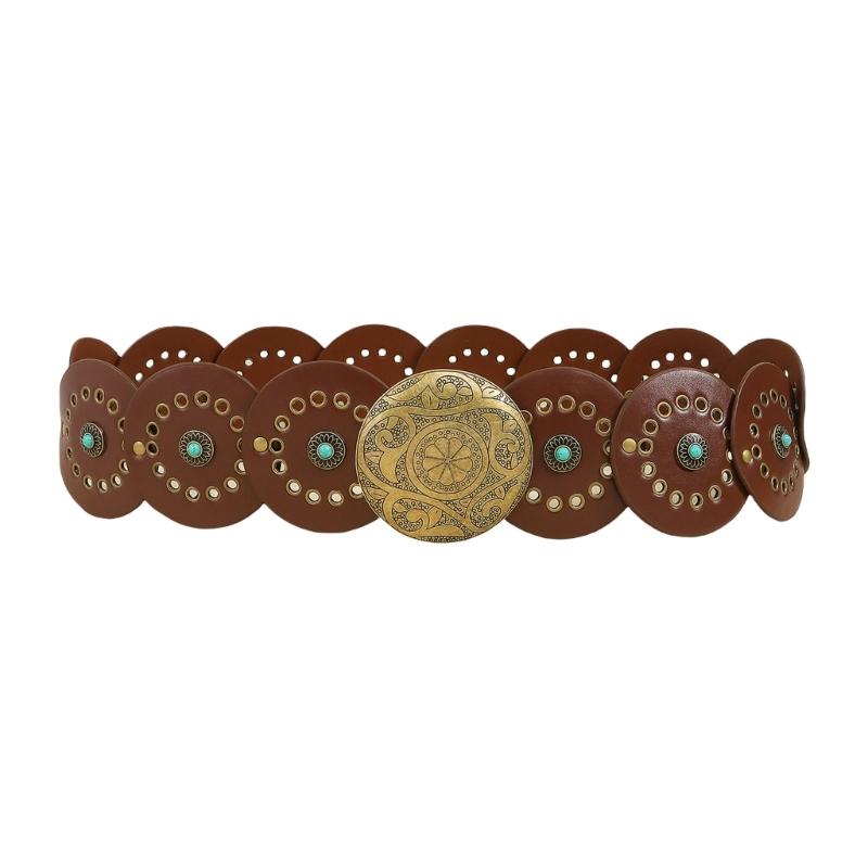 Round Buckle Belt for Jeans Pants Turquoise Studded Corset PU Leather Belt for Dress Women Girl Formal Waist Accessory S