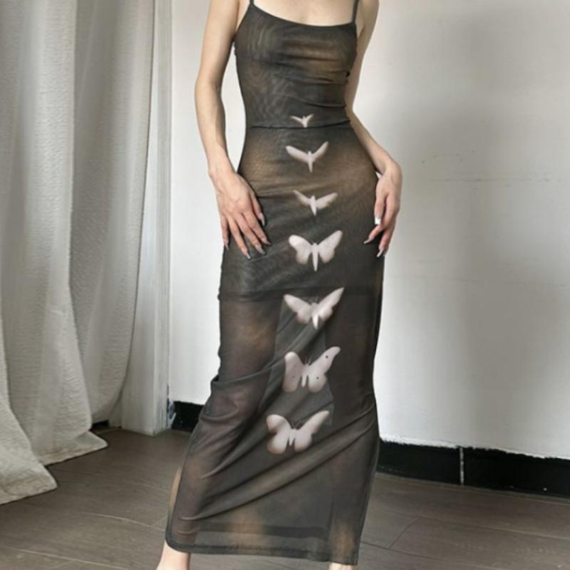 Japanese Gauze Elegant Butterfly Print Dresses Sexy Split Y2k Aesthetic Sweet Women's Dress Tie Dye Long Slim Grunge Fairy