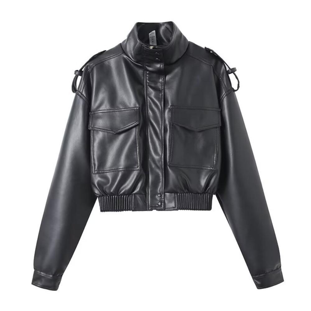 Giacca Corta da Donna con Collo Alto e Maniche Lunghe in Ecopelle PU Vestibilità Slim Chiusura con Zip Tasche Cargo Giubbotto Moto Bomber Capospalla Autunnale
