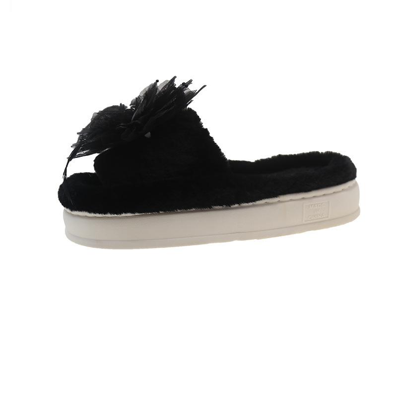 Women One-word Slippers Winter New Outdoor Non Slip Fashion Flower Plush Shoes Lightweight Comfortable Soft Sole Warm Home Shoes