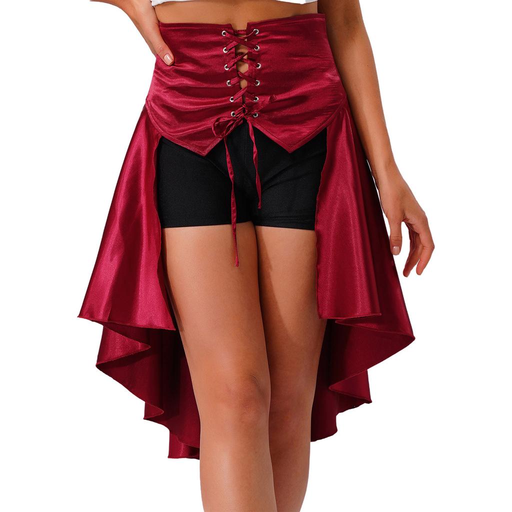 S-3XL Womens Gothic Steanpunk Satiny Skirt Front Eyelets Lace-up High-low Hem Tiered Ruffled Irregular Hem Skirt Waist Belt