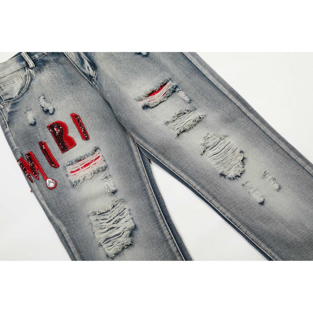 Amiri Trendy American Style Internet Famous Jeans with Fabric Patches, Torn Holes, Embroidery, Casual Trendy High Street Pants