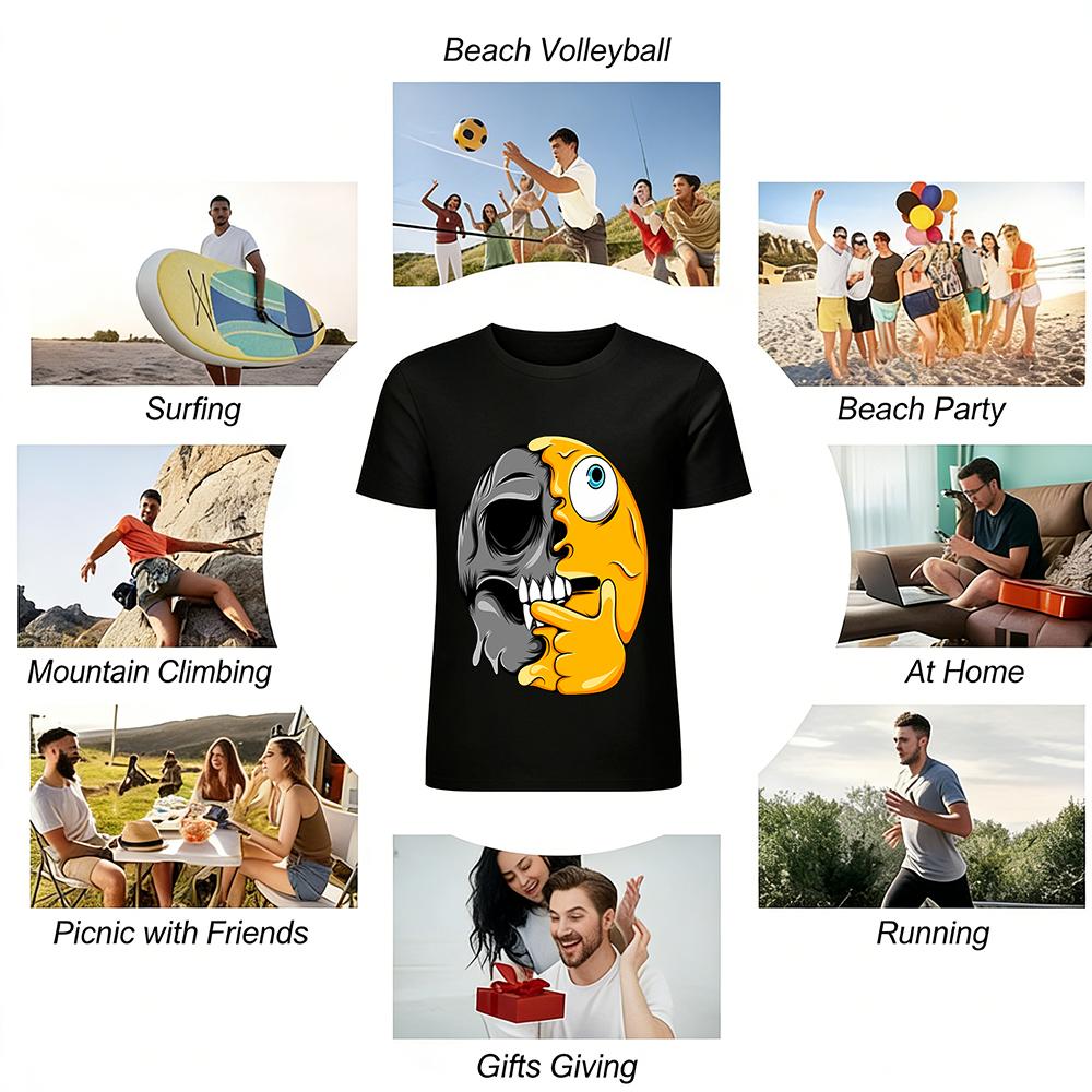 Spooky Half Skull Facepalm Graphic Trendy Casual Short Sleeve T-Shirt Pure cotton T-shirt