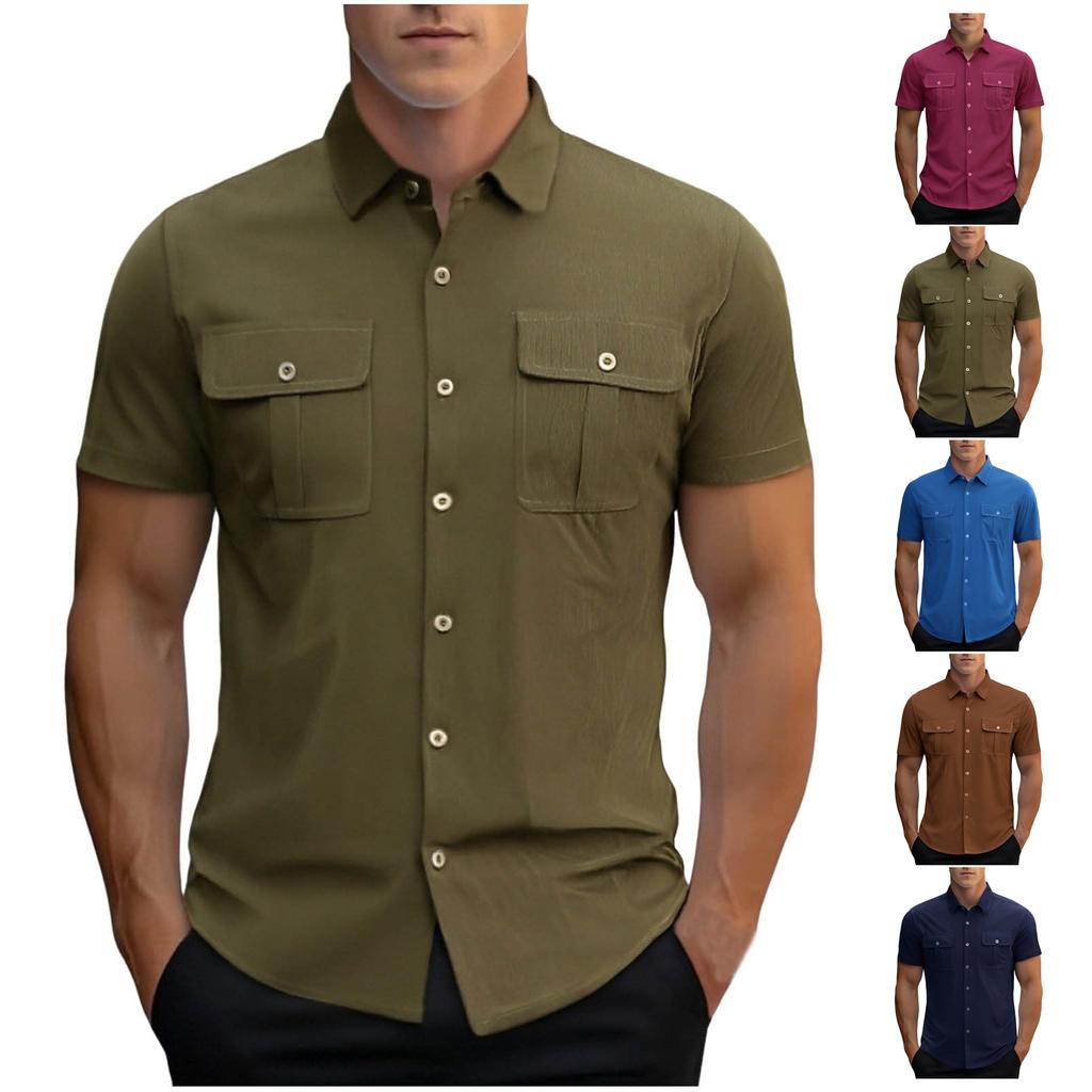 Men Short Sleeve Button Down Shirt with Dual Chest Pockets Classic Collar Casual Regular Fit Top for Everyday Wear