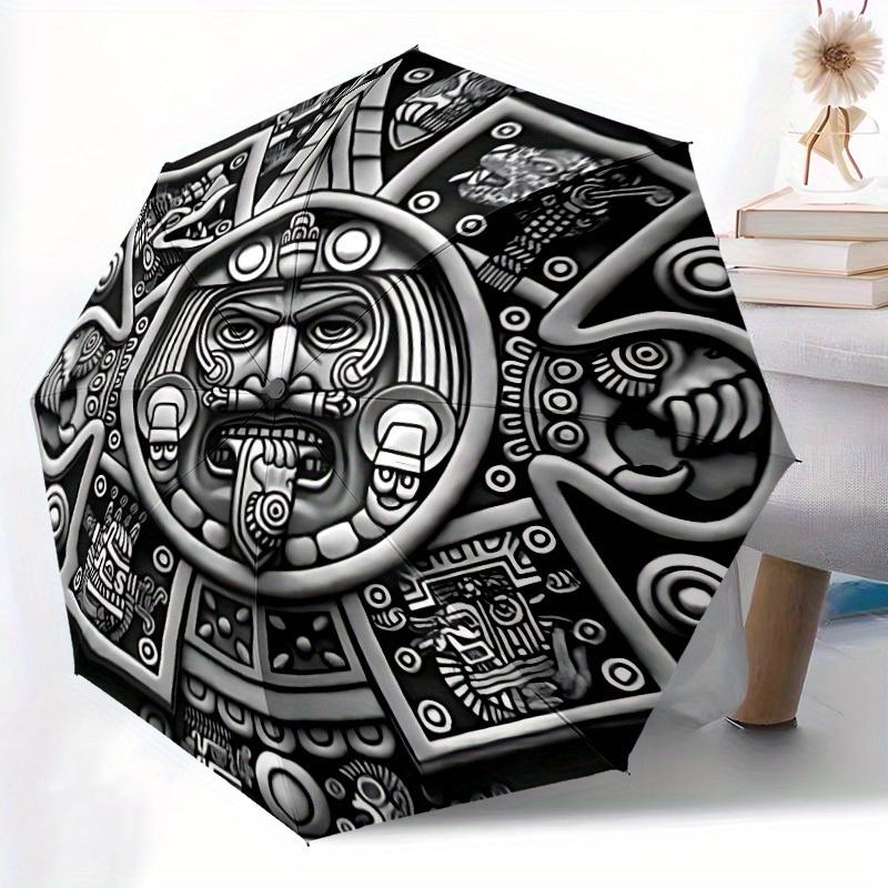 1pc Aztec Calendar Stone Automatic Open/close Umbrella, 8-Rib Sturdy Structure, Portable Travel Umbrella, Parties, Everyday Use, Outdoor Acc
