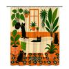 Cute Cat Shower Curtain Black Cats Green Plants Boho Style Bathroom Decor Playful Art Design Waterproof Simple Installation