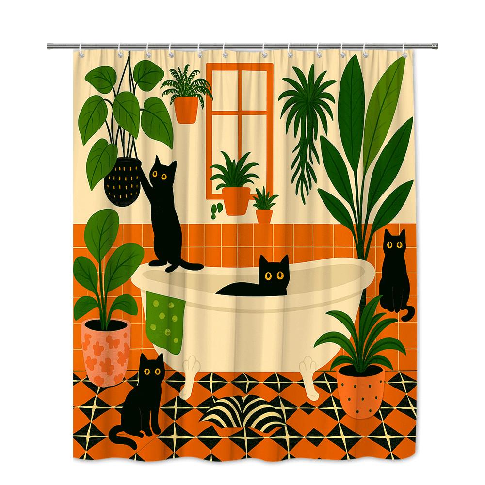 Cute Cat Shower Curtain Black Cats Green Plants Boho Style Bathroom Decor Playful Art Design Waterproof Simple Installation