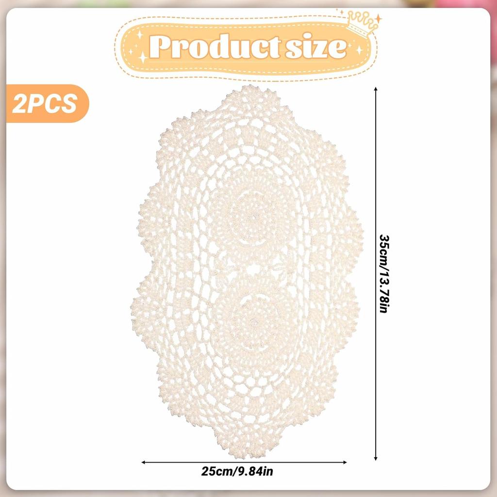 Handmade Crochet Lace Doilies, 2PCS Beige Oval Cotton Table Runner Placemats, Floral Cotton Table Scarf Knitted Coasters Placemats Furniture Cloth