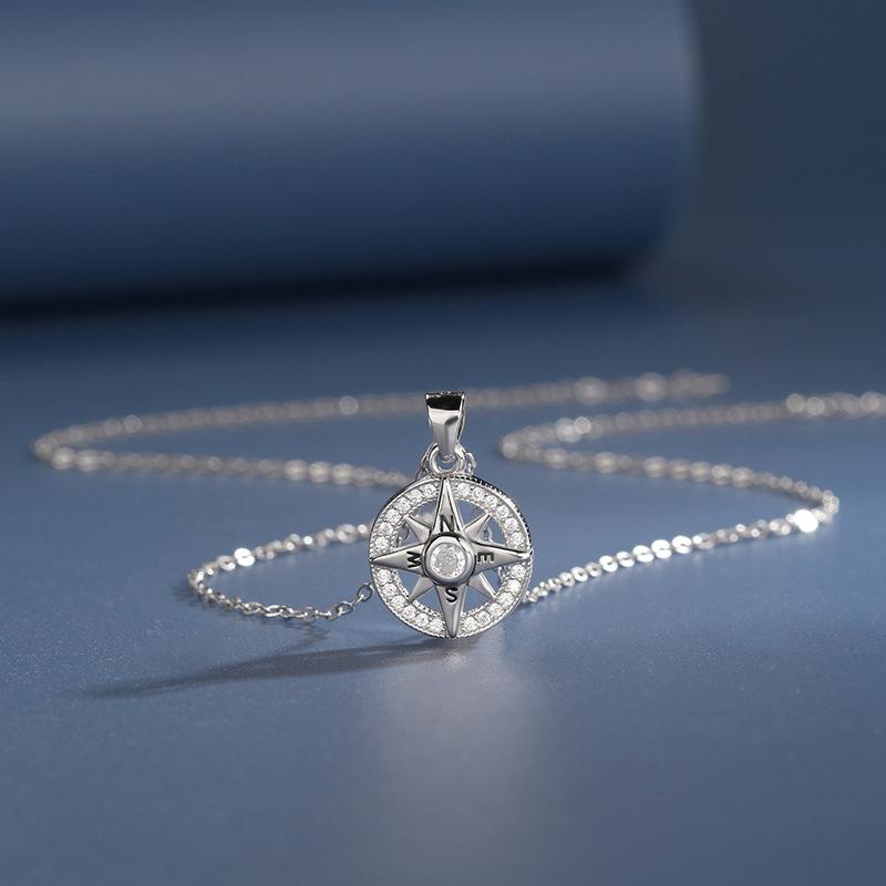 Elegant 925 Sterling Silver Eight-Pointed Star Necklace with Inlaid Diamonds - Women's High-End Niche Compass Pendant.