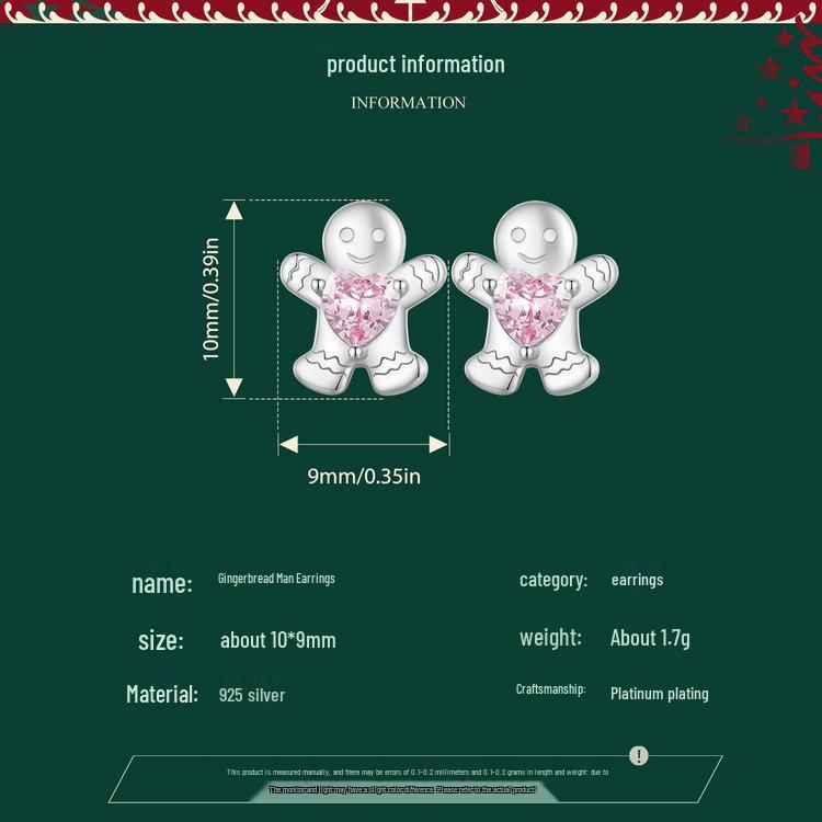 Yinziyun Gingerbread Man and Pink Heart Zircon S925 Sterling Silver Stud Earrings for Women
