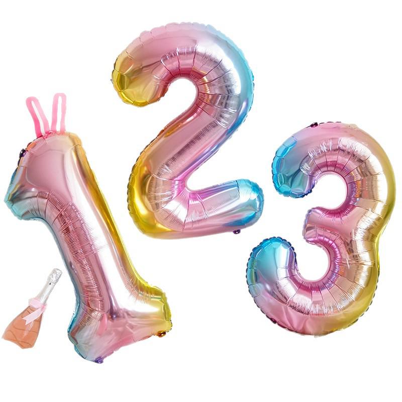 Korean Xiaohongshu 30-inch Rainbow Gradient Number Balloons for Children's Birthday Party Photo Decor.