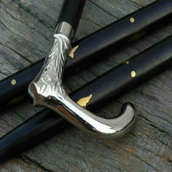 Solid Silver Brass Handle Antique Victorian Cane Wooden Walking Stick Women and Men Style Adult Unisex Design