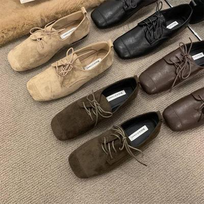 2025 New Korean Black Square Head Flat Bottom Super Soft Comfortable Loafers Women's Lace-up Foreign Versatile Small Leather Shoes