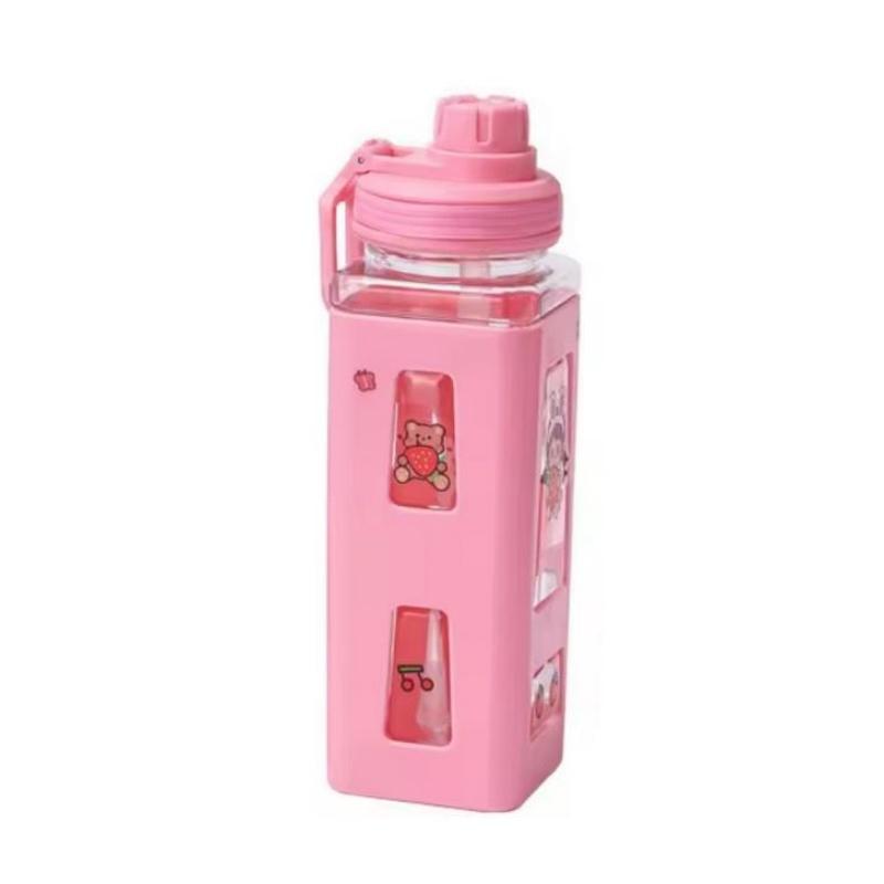 

600ML Summer Sports Cartoon Simple Outdoor Plastic Cup Straw Portable Strap Handle High Temperature Water Cups Bottles Drinkware рожевий