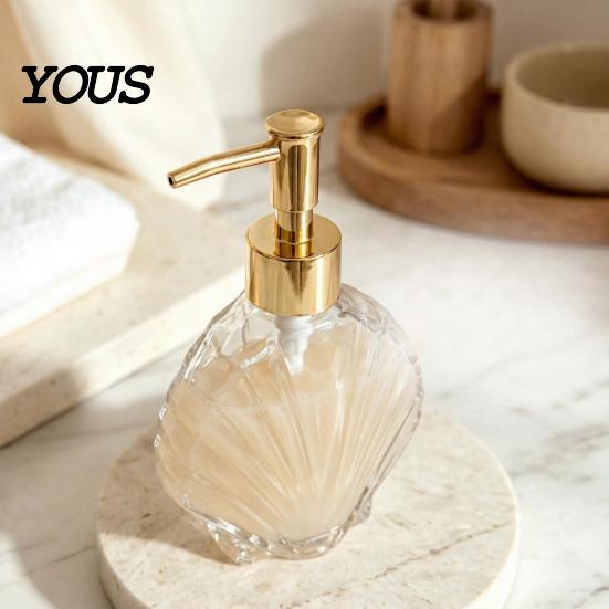 Muschel Lotion Flasche 400ML Strand Nachfüllbarer Seifenspender, Flüssiger Hand Glas Behälter Behälter, Pumpe für Badezimmer Küchenarbeitsplatte Spender