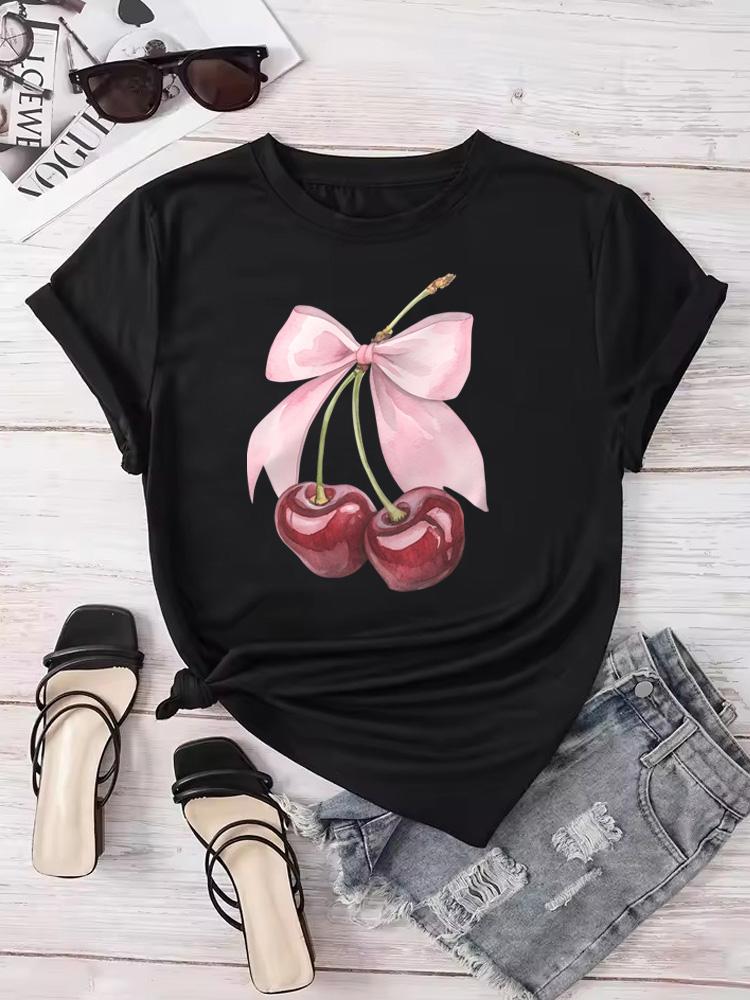 Fashion Lovely Cherry Print TShirt Short Sleeve CrewNeck Casual Commuter Tops for Summer Spring Womens Clothing Otaku Tees