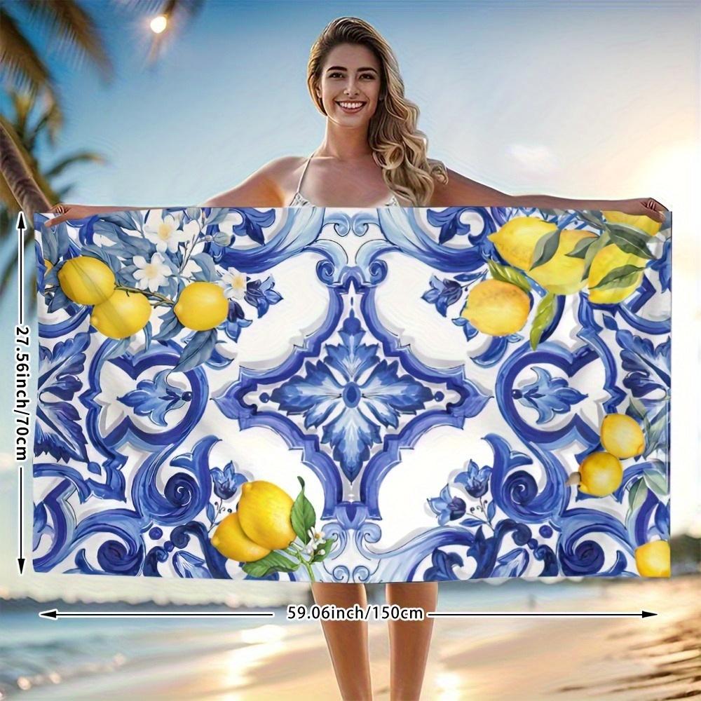 Blue White Patterned Lemon Beach Towel, Quick Drying Soft for Immersive Beach Experience