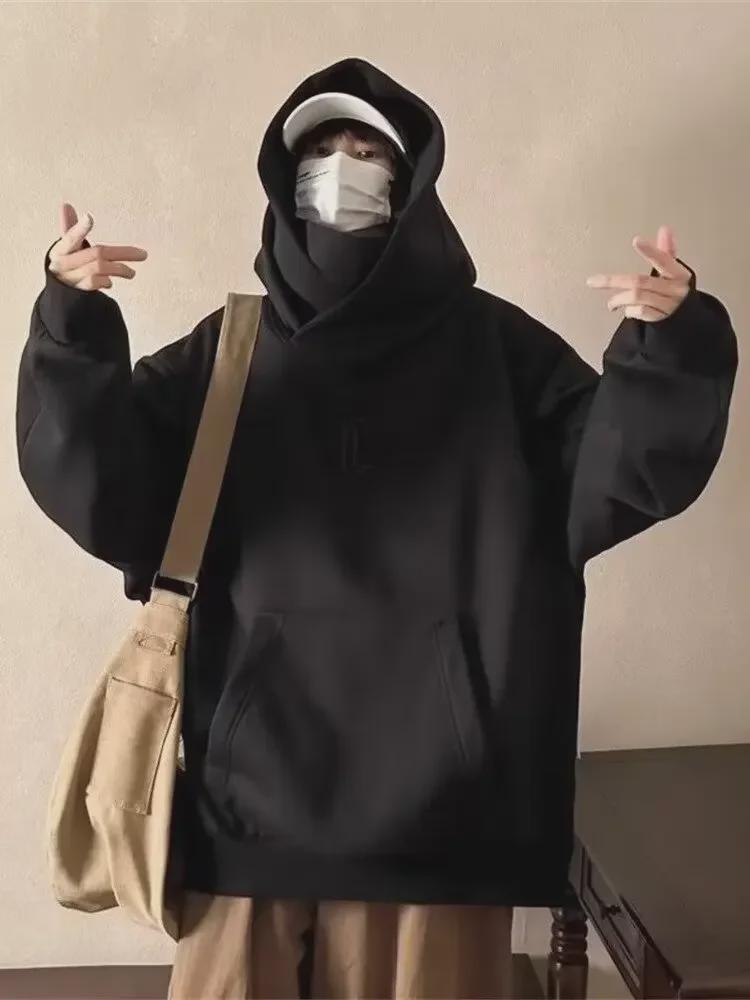 Мужская толстовка с капюшоном и высоким воротником модная на осеньзиму свободный крой однотонная универсальная повседневная куртка для пар L чёрный 1936₽
