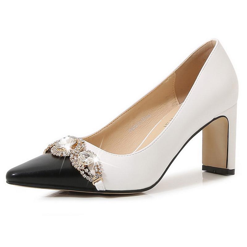 

Women Rhinestone High Thick Heel Pumps Pointed Toe Single Shoes for Office Business Nightclub Party Pub Banquet Flight Attendant 35 белый