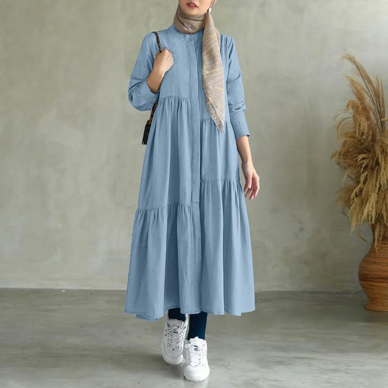 ZANZEA Women Casual Round Neck Solid Color Long Sleeve Loose Dress