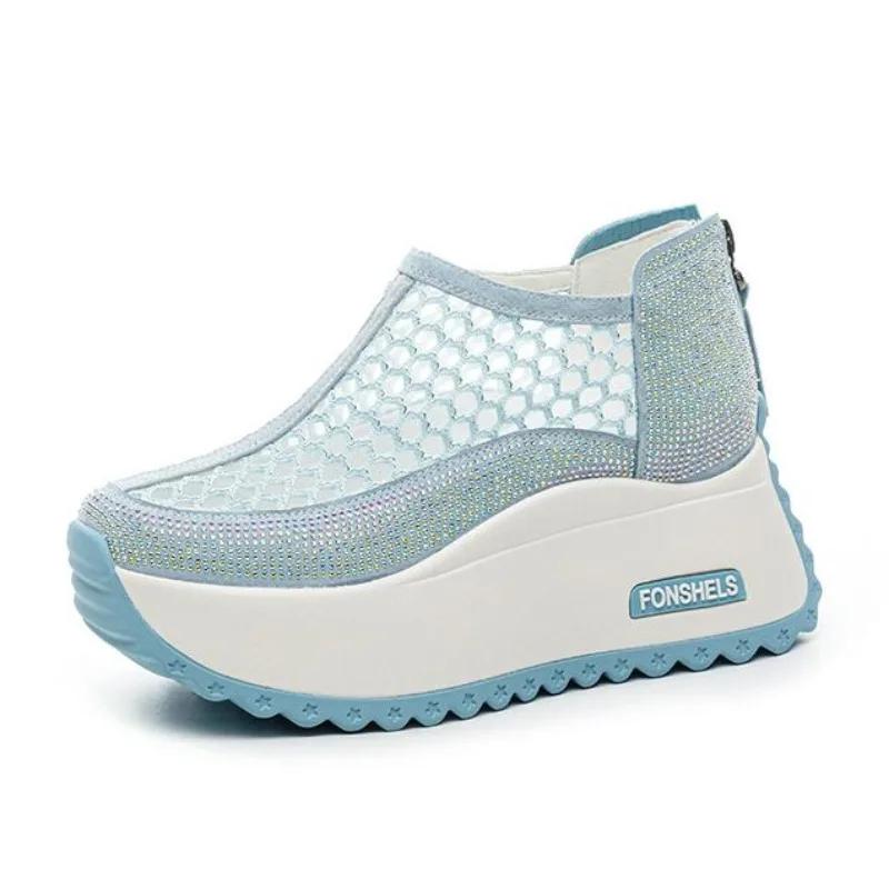 Fashion 8CM Microfiber Leather Ankle Boots Sandals Women Shoes Hollow ZIP Chunky Sneaker Platform Wedge Fashion Summer Bling Sandals