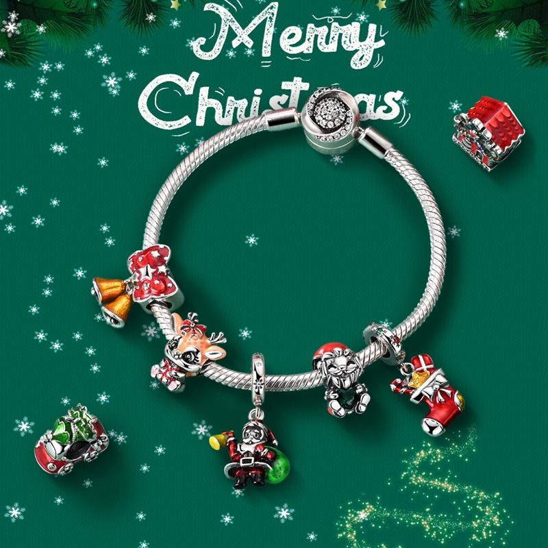 Copper Snowman Beads Wreath Christmas Bell Charm Fit 3Mm Women Bracelet Diy Accessories Christmas Gift Fine Jewelry