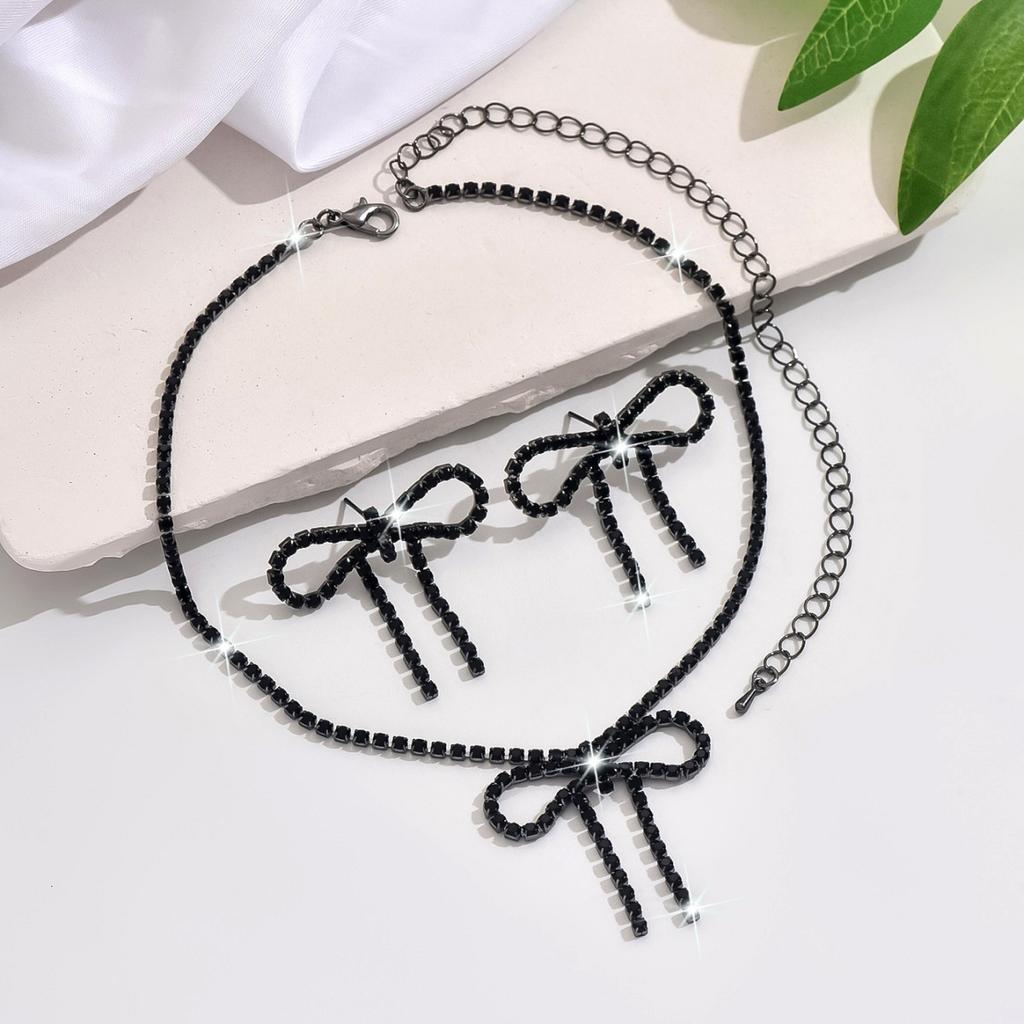 2025 New Simple Colorful Elegant Shiny Bow Earrings Necklace Set  Set  Accessories Suitable For Bridal Wedding Party Gift