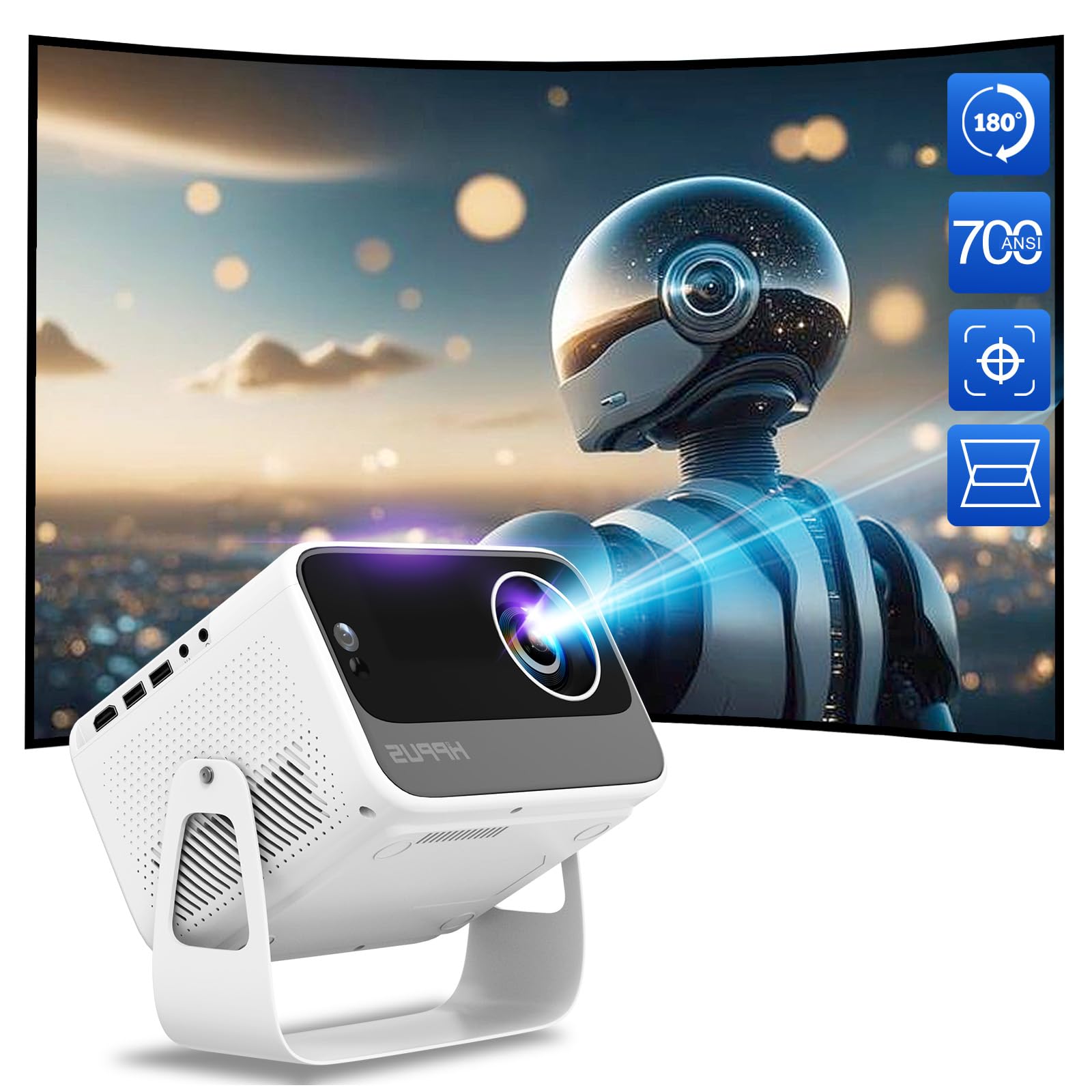 

Проектор HIPPUS Проекція на стелю Фокус Keystone 700ANSI Рамка екрана та автоматична перешкода WIFI 6 Bluetooth Home Real 1080P 4K Compatible High End білий