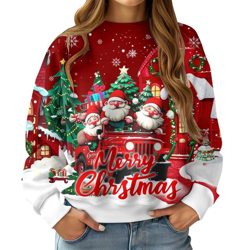Christmas Round Neck Long Sleeved Pullover Comfortable Warm Loose 3D Printed Cute Santa Claus Snowflake Pullover