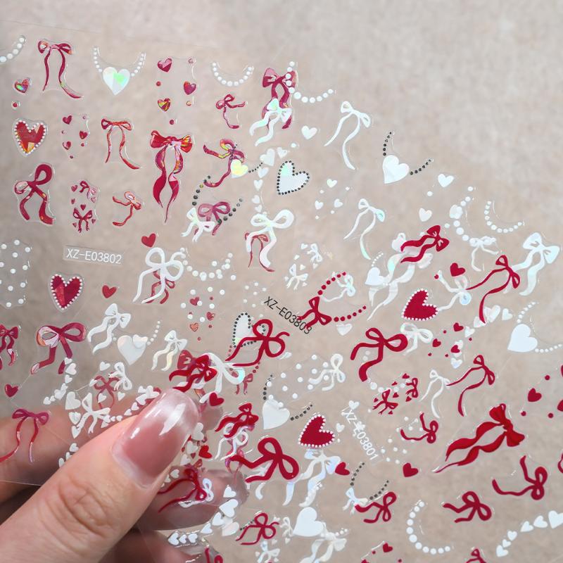 Aurora Francuska Wstążka Serce Naklejki na Paznokcie Perłowy Łańcuszek Miłość Klejące Naklejki na Paznokcie Walentynkowe Kokardki Naklejka do Manicure
