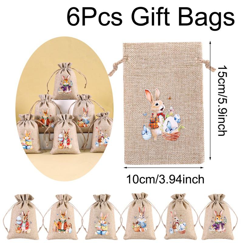 6Pcs Easter Linen Gift Bag Bunny Candy Cookie Packing Bag Spring Easter Party Favor Supplies Kids Candy Gifts Easter Decor 2026 as shown