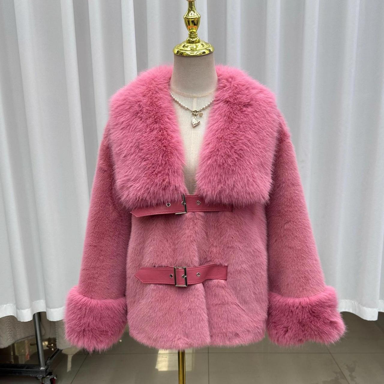 

2025 Мех Новое Зимнее Пальто с Меховым Воротником и Подчеркнутой Талией Высокого Класса, Приталенное, Теплая Куртка One size fit all розы красного