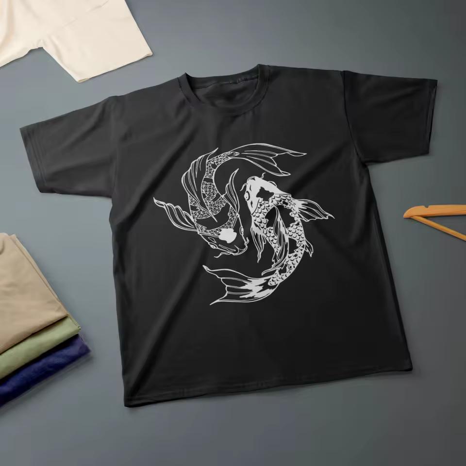 Koi Fish Yin Yang T-Shirt Ink Drawing Graphic T Shirts Retro Streetwear High-quality Crew-neck Short-sleeved Men's T-shirt