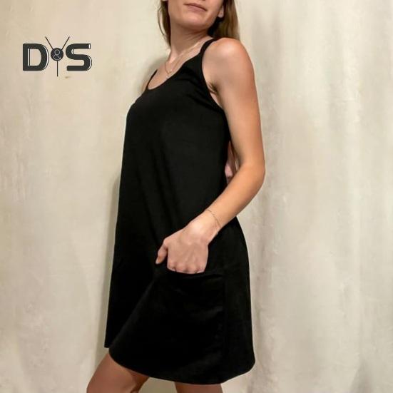 Damen Nachthemd Ärmelloses Chemise Pyjamakleid Spaghettiträger Racerback Tankkleid mit Taschen Sommer Lockere Nachtwäsche