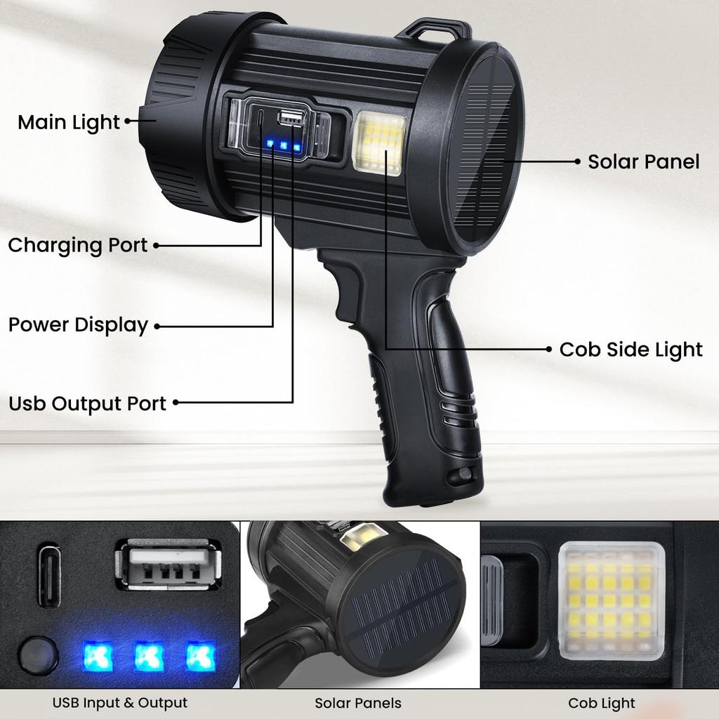 BERCOL Rechargeable Spotlight,2000000 LM Super Bright Handheld Spot Light LED Flashlight High Powered Spotlight Large Searchlight Outdoor with Solar
