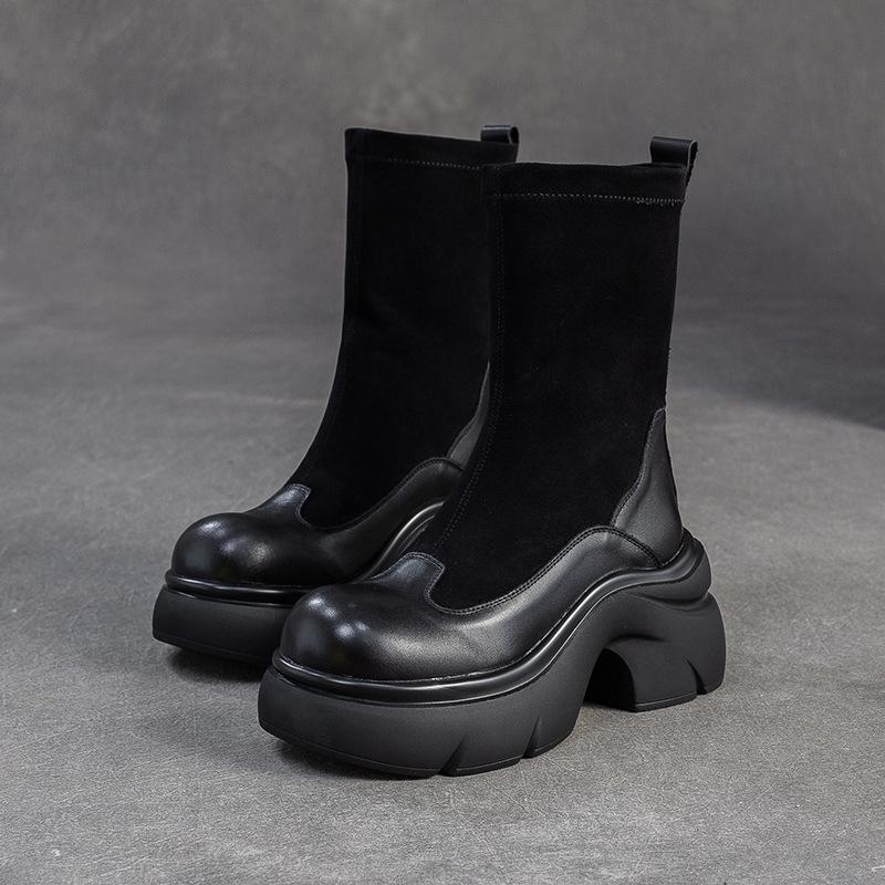 Fashion GKTINOO 2025 Autumn Winter New Retro Mid-calf Boots Genuine Leather Comfortable Thick Soled British Stretch Boots Women's Shoes